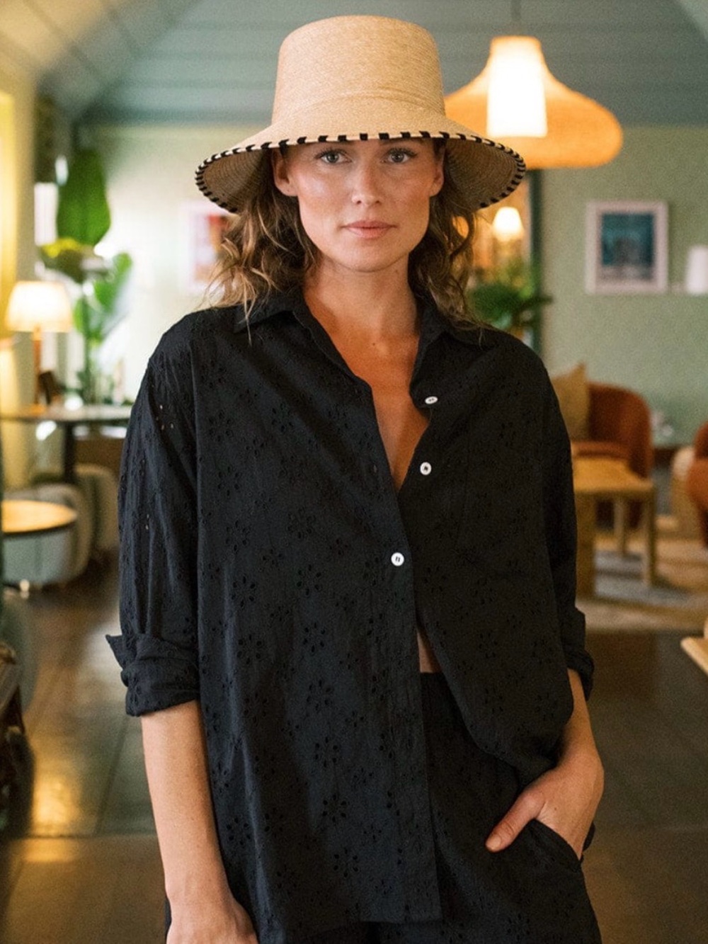 BLACK EYELET BERMUDA SHORT sleeve top blouse BY SUNSHINE TIENDA NWT